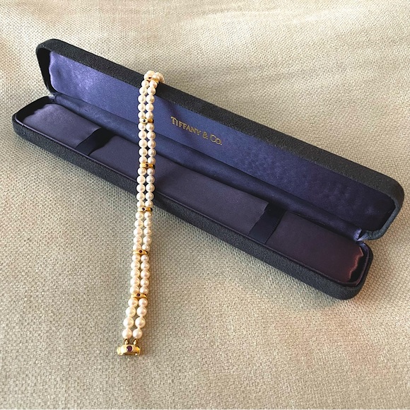 Vintage💙Tiffany & Co.💙 Double Strand Pearl, Ruby, and 14K Gold Bracelet - Picture 1 of 8